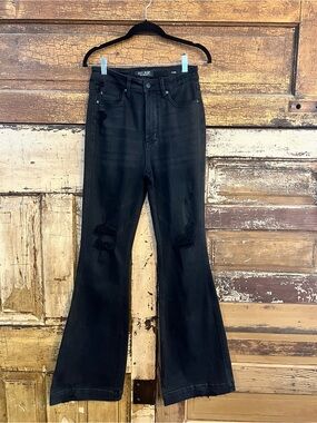 Judy Blue Black High Rise Flare Jeans | Distressed Stretch Denim Size 28